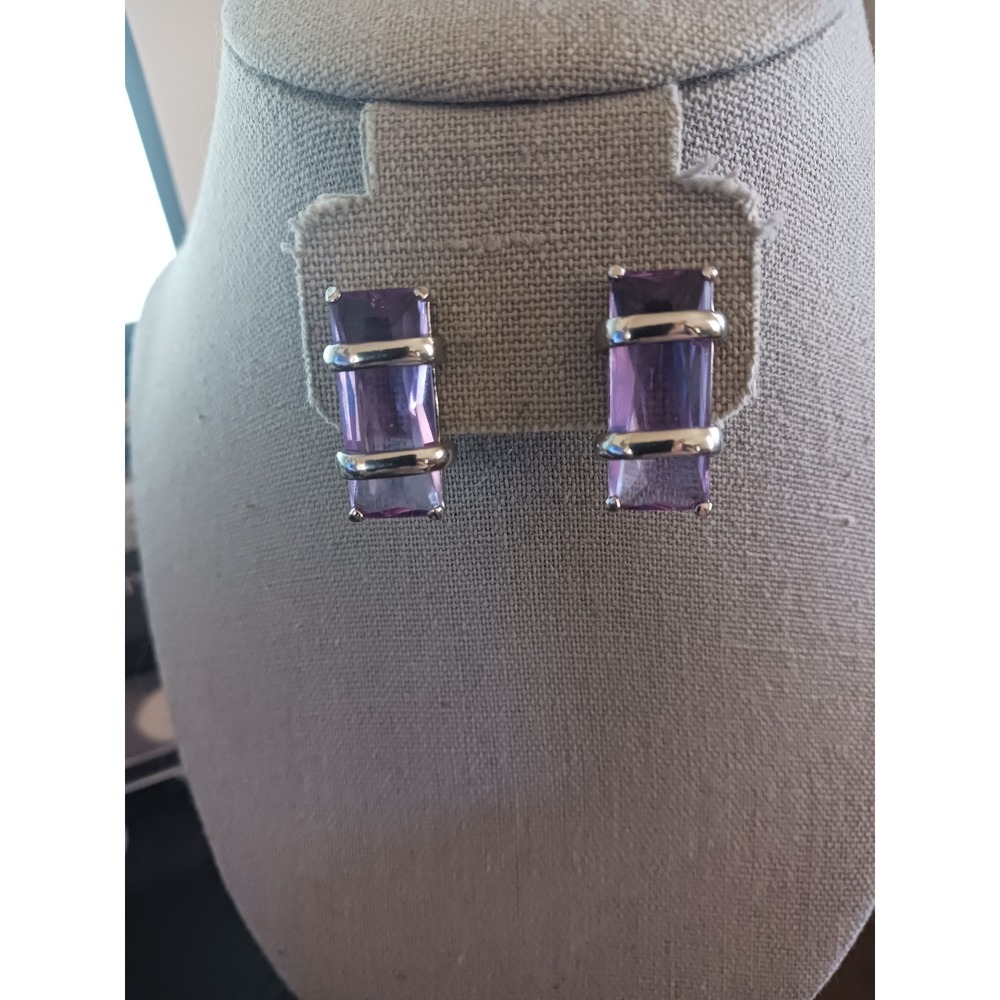 Premiere Designs Silvertone Purple Baguette Rectangular Stud Earrings Geometric